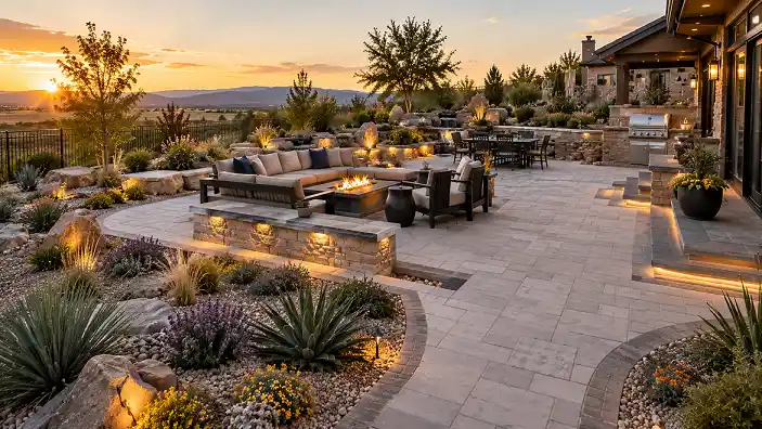 Evening xeriscape patio and mountain horizon