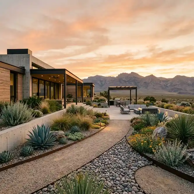Colorado xeriscaped home with native low-water landscaping and stone hardscaping at golden hour